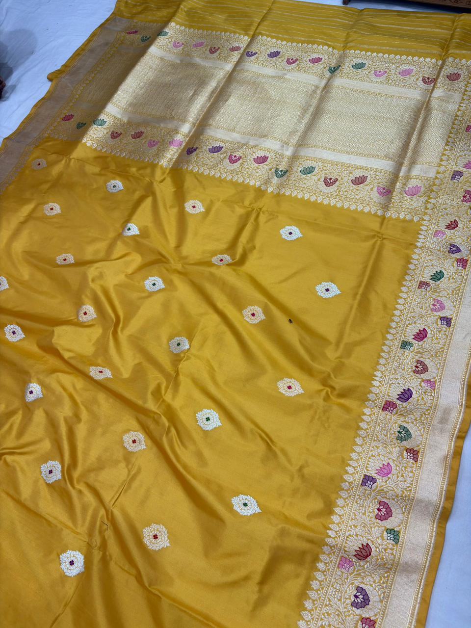 mustard gold pure katan silk banarasi handloom handwoven kadhwa sarees, - Image 2