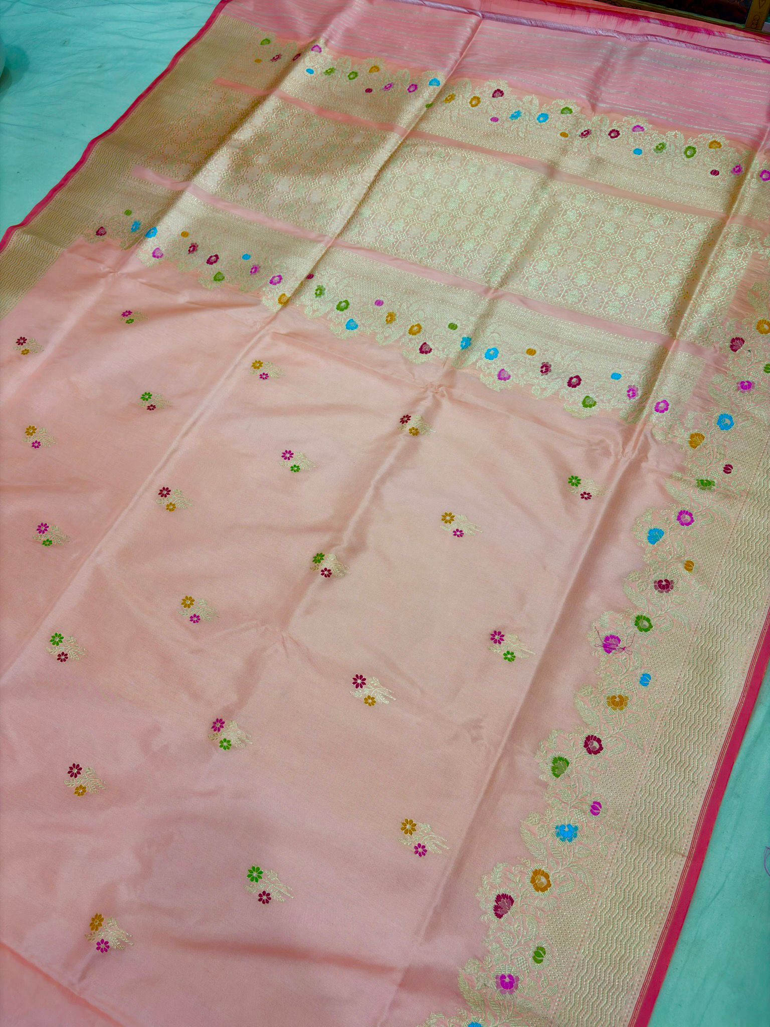 peach colour Pure Katan Silk Banarasi handloom Handwoven kadhwa Saree, - Image 2