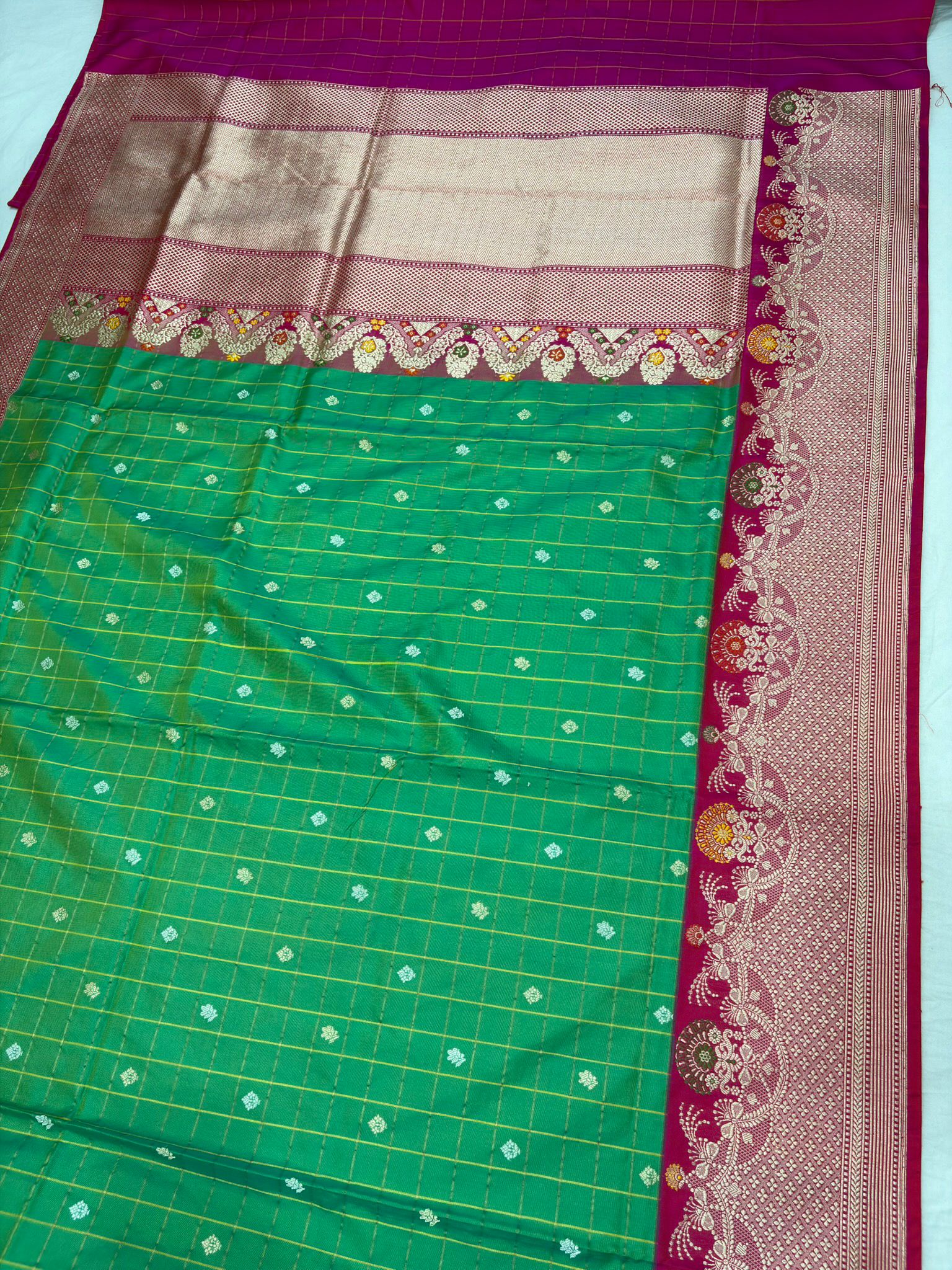 parrot green pure katan silk banarasi handloom handwoven kadhyal sarees, - Image 2