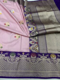 peach with purple colour Pure Katan Silk Banarasi handloom Handwoven kadhyal Saree,