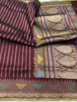 maroon colour pure katan silk banarasi handloom handwoven kadhwa jangla sarees,
