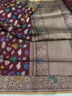 maroon pure katan silk banarasi handloom handwoven kadhwa sarees, 