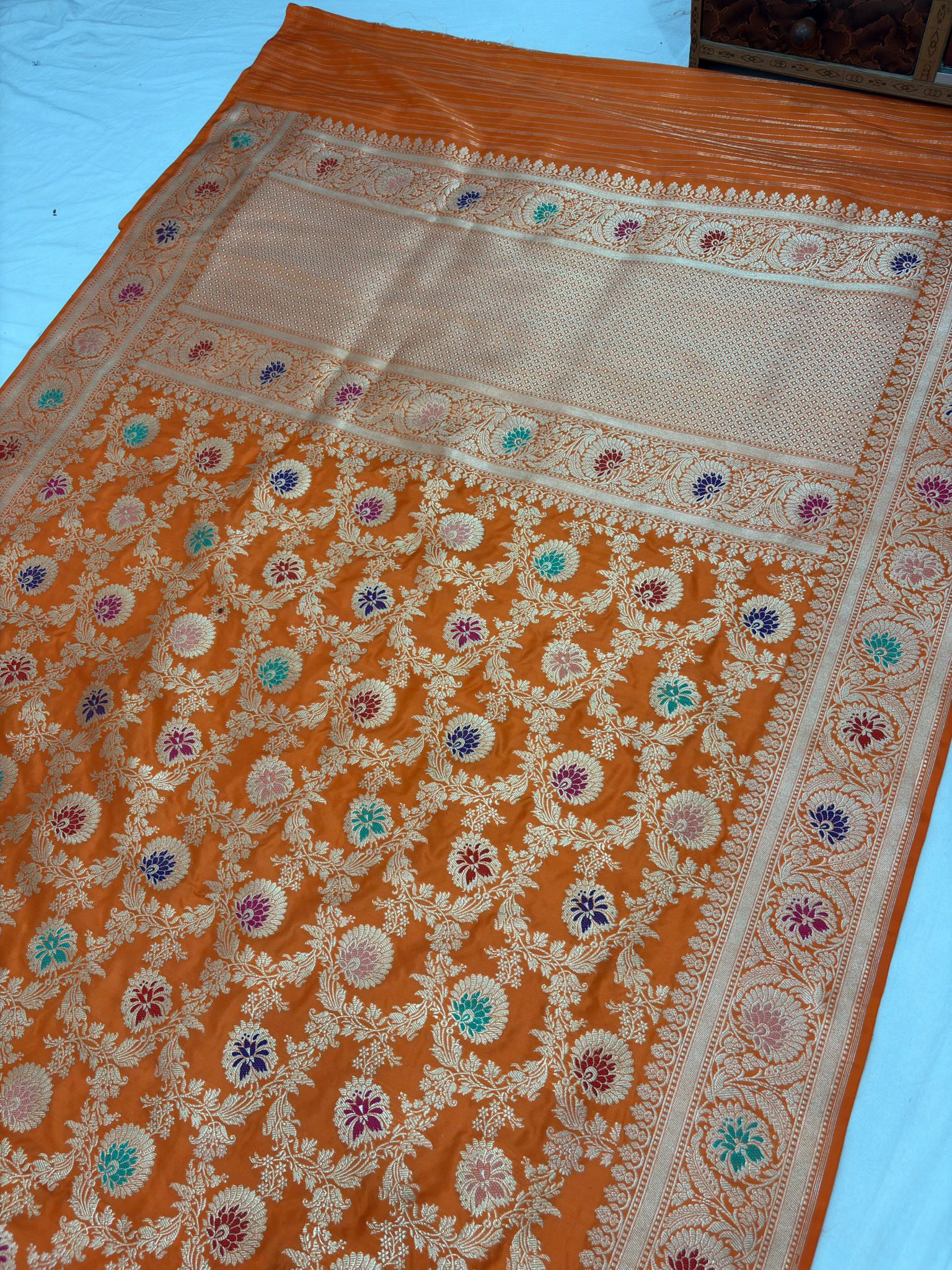 orange pure katan silk banarasi handloom handwoven kadhwa jangla sarees, - Image 2