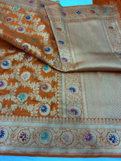 orange pure katan silk banarasi handloom handwoven kadhwa jangla sarees, 