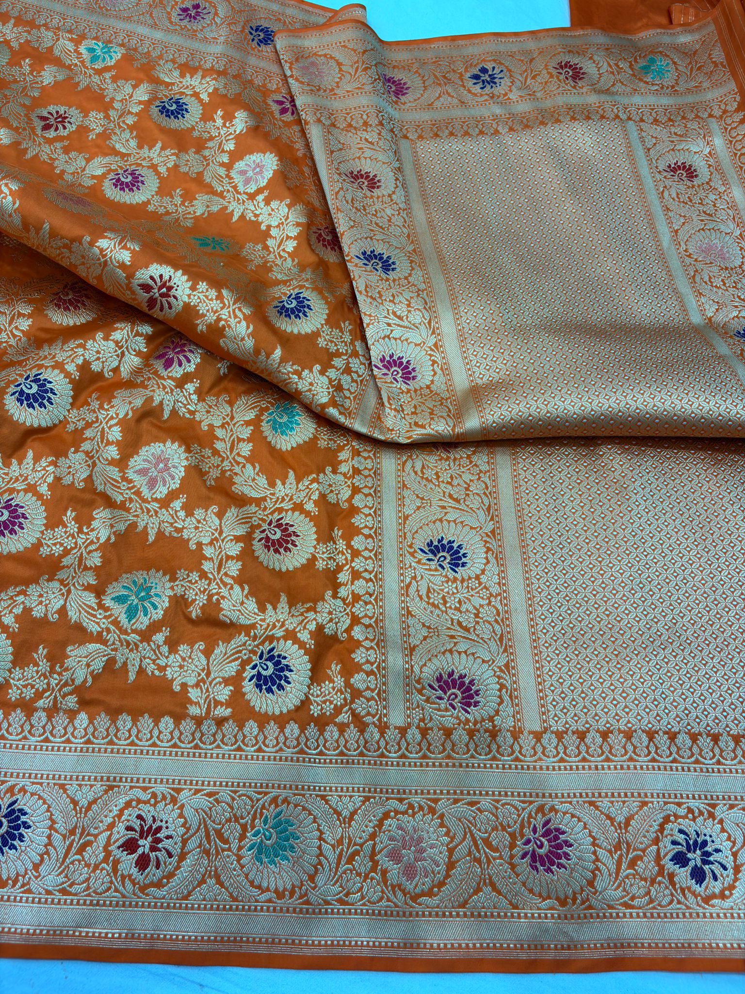 orange pure katan silk banarasi handloom handwoven kadhwa jangla sarees,