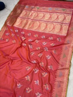 Peach Colour Pure Katan Silk Banarasi Handloom Handwoven kadhwa Saree,
