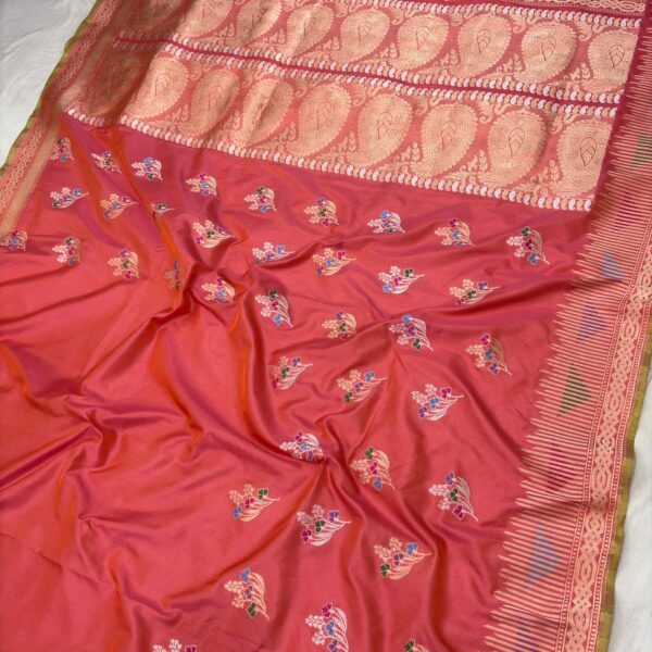 Peach Colour Pure Katan Silk Banarasi Handloom Handwoven kadhwa Saree,