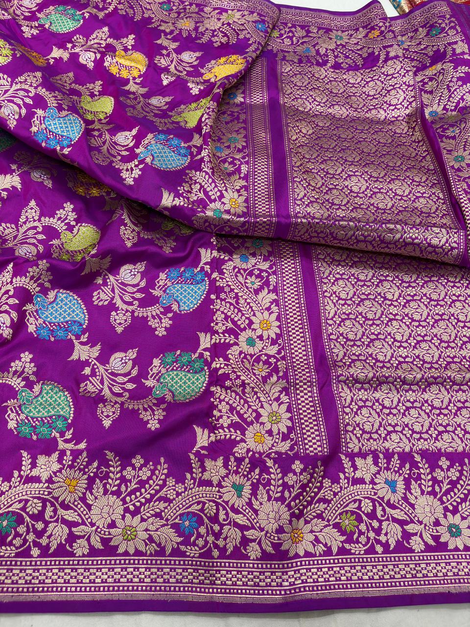 margenta colour Pure Katan Silk Banarasi handloom Handwoven kadhwa Saree,