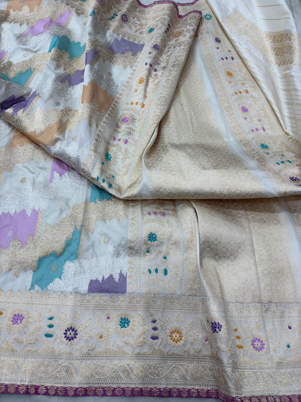 rangkat half white colour Pure Katan Silk Banarasi handloom Handwoven kadhwa Saree,