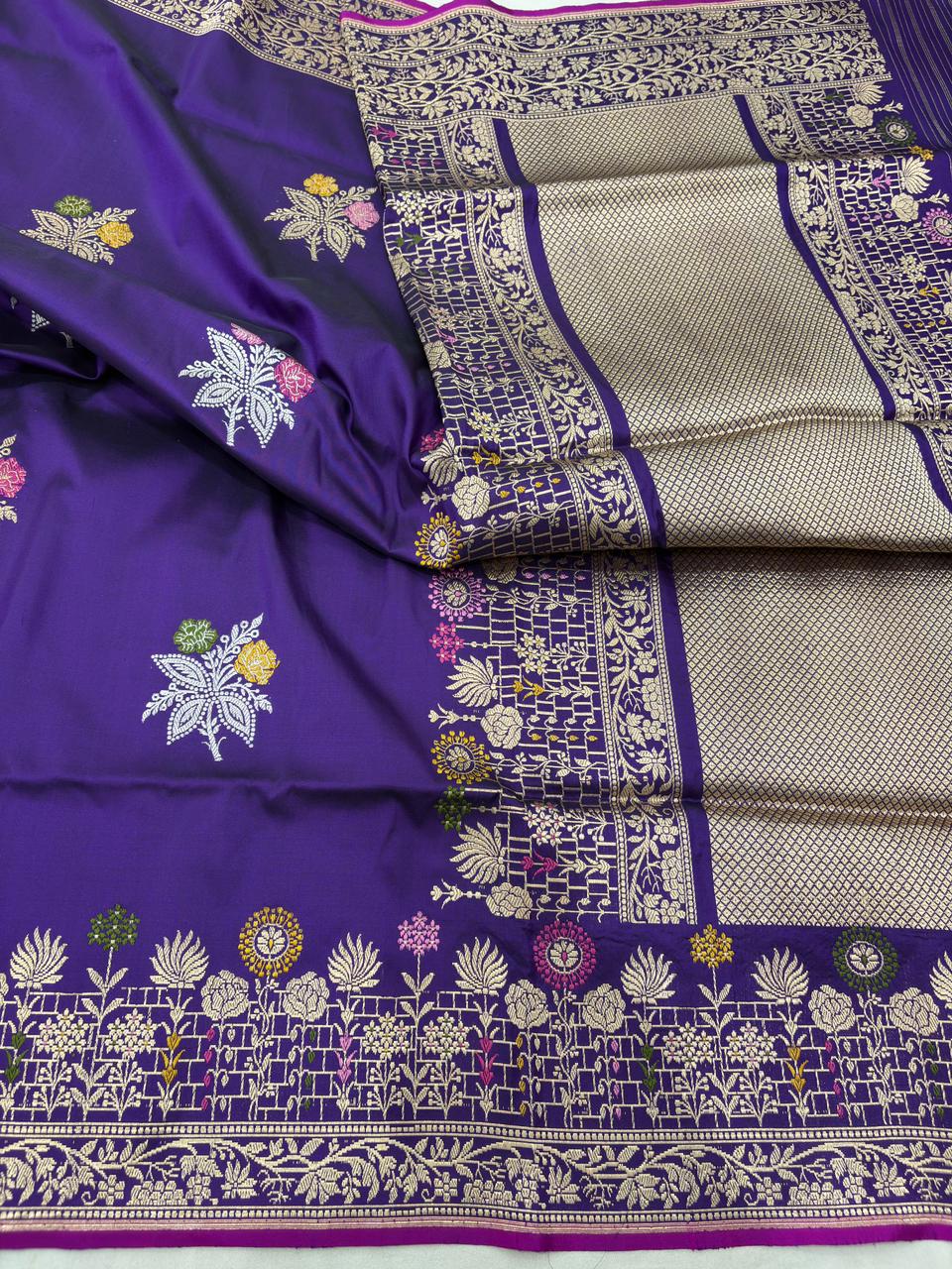 purple colour Pure Katan Silk Banarasi handloom Handwoven kadhwa Saree,