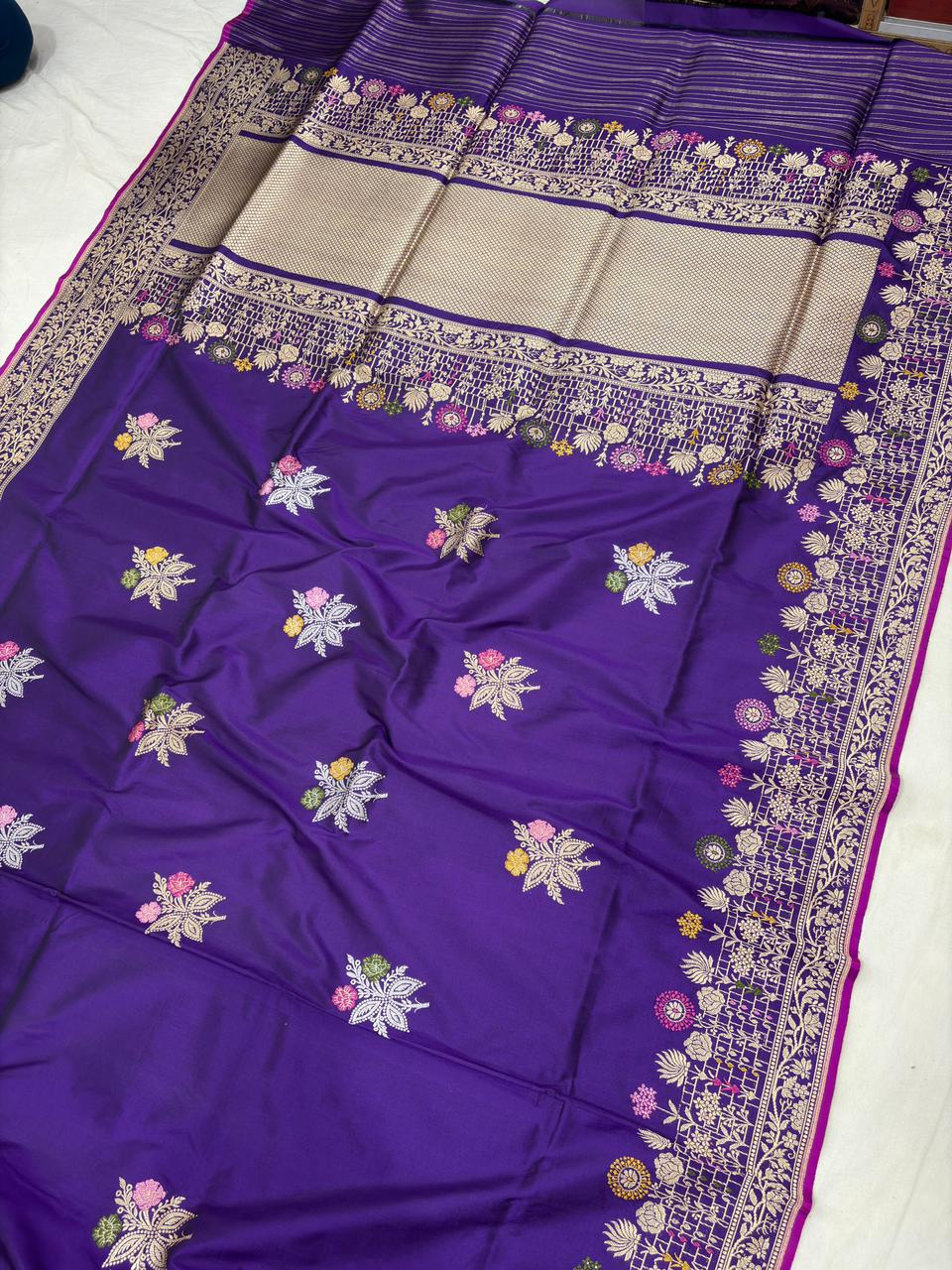 purple colour Pure Katan Silk Banarasi handloom Handwoven kadhwa Saree, - Image 2
