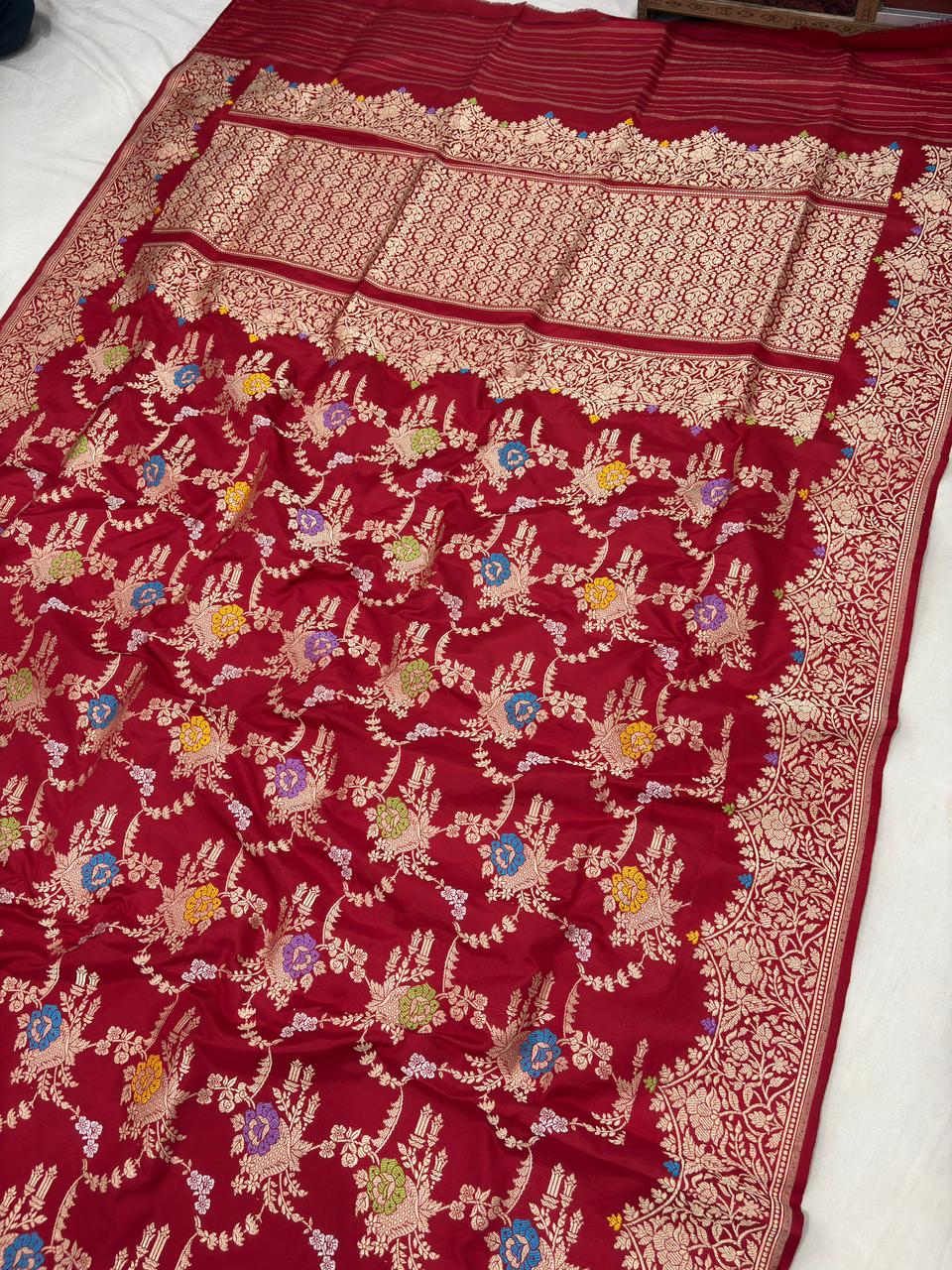 red pure katan silk banarasi handloom handwoven kadhwa sarees,