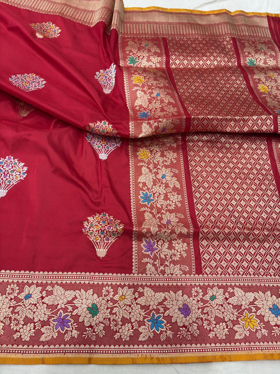 red pure katan silk banarasi handloom handwoven kadhwa sarees, - Image 2