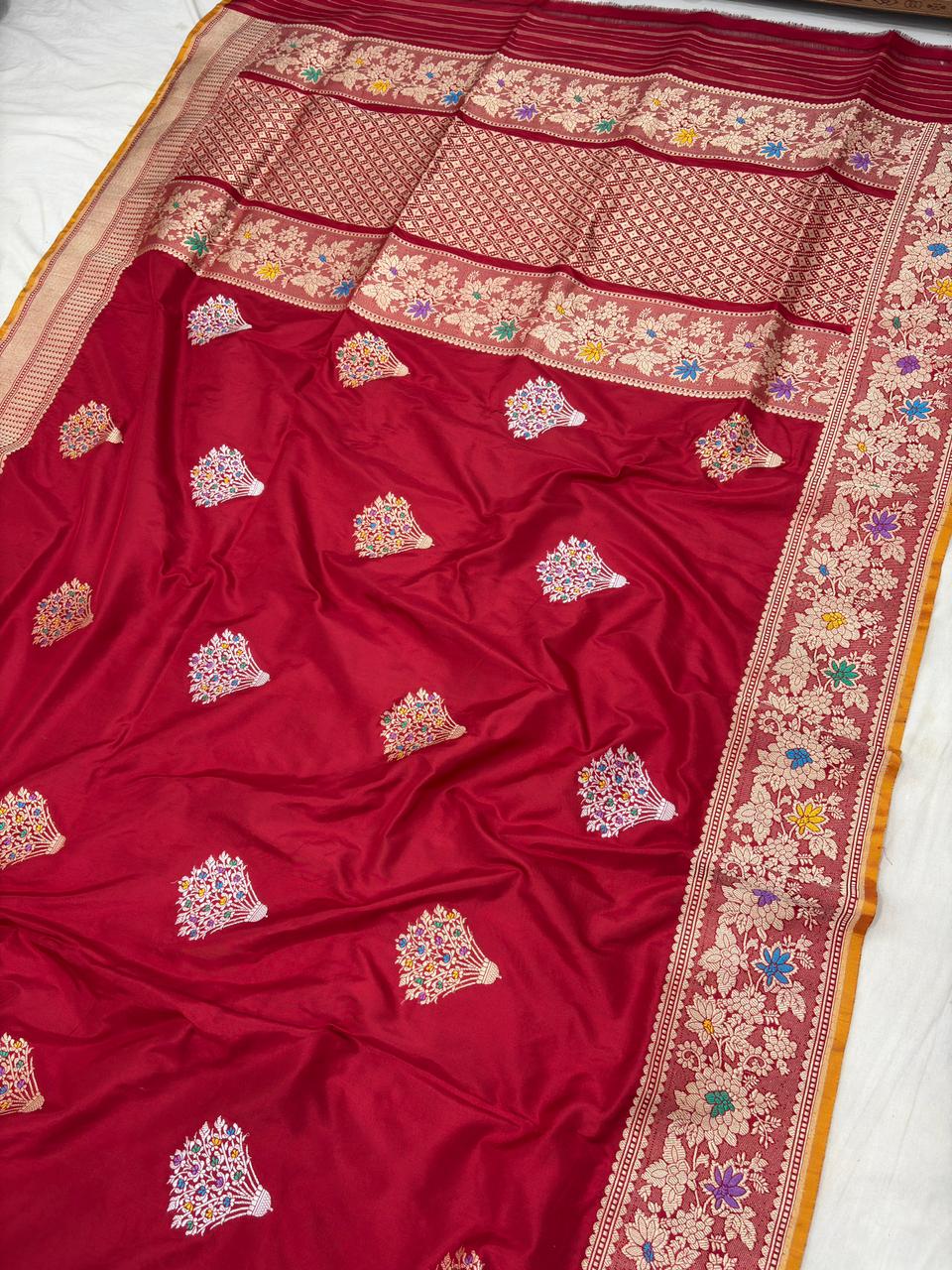 red pure katan silk banarasi handloom handwoven kadhwa sarees,