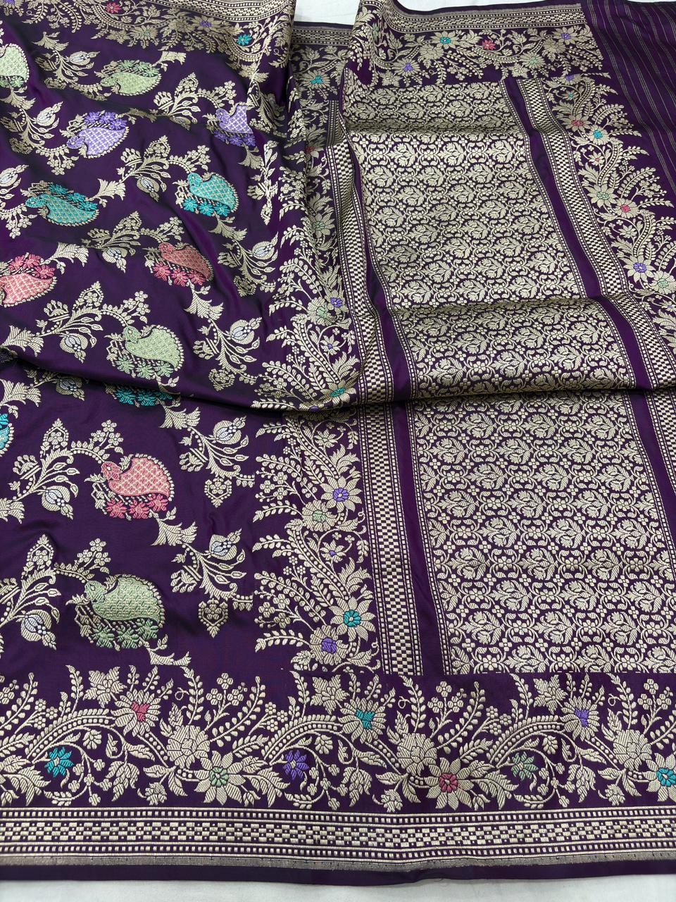 wine pure katan silk banarasi handloom handwoven kadhwa sarees, - Image 2