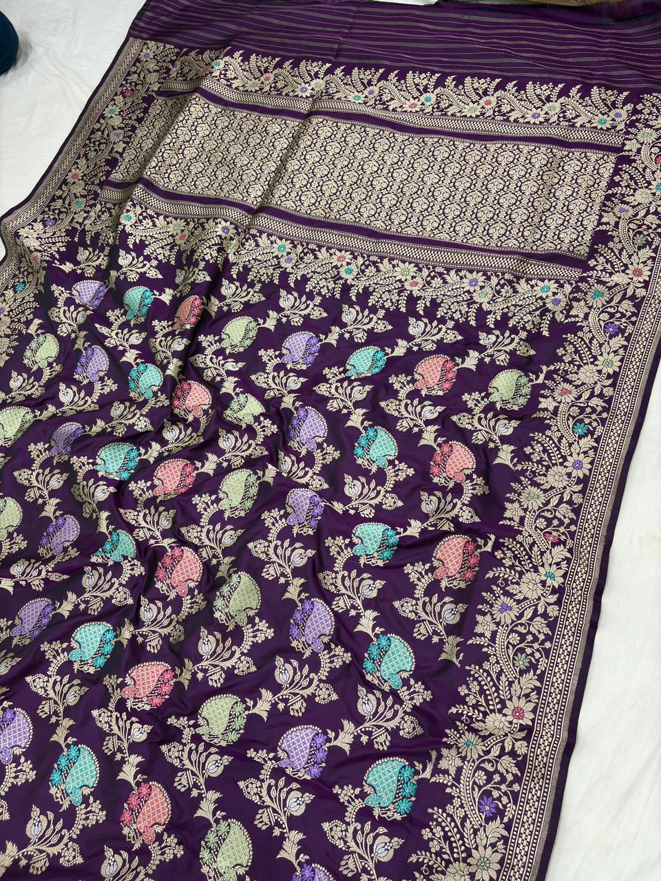 wine pure katan silk banarasi handloom handwoven kadhwa sarees,