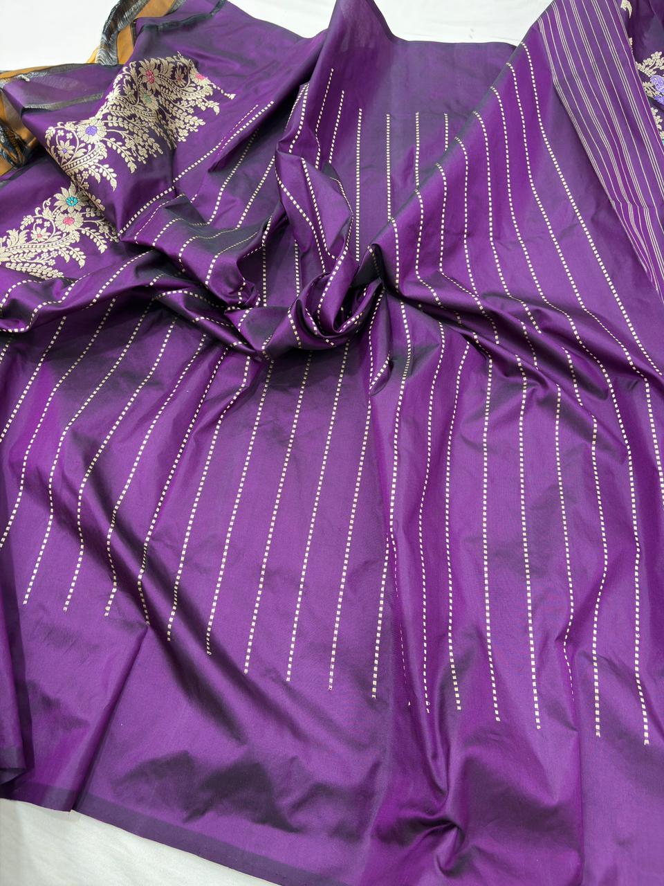 wine pure katan silk banarasi handloom handwoven kadhwa sarees, - Image 3