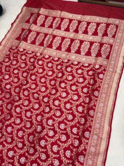 red pure katan silk banarasi handloom handwoven cutwork jaal sarees