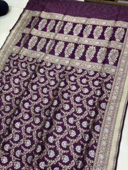 wine purple pure katan silk banarasi handloom handwoven cutwork jaal  sarees,