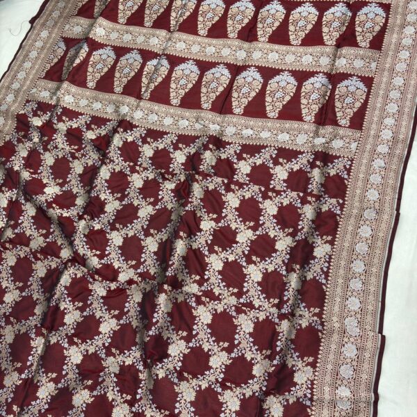 maroon pure katan silk banarasi handloom handwoven cutwork jaal sarees,