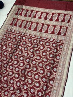 maroon pure katan silk banarasi handloom handwoven cutwork jaal sarees,