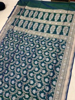 green with blue pure katan silk banarasi handloom handwoven cutwork jaal  sarees,