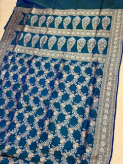 peacok blue pure katan silk banarasi handloom handwoven cutwork jaal sarees,