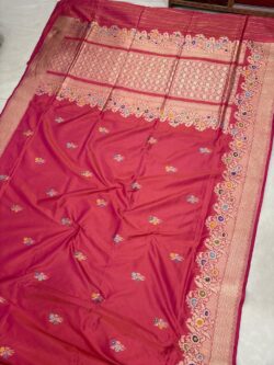 Orange With Ranipink Pure Katan Silk Banarasi Handwoven Kadhwa Sarees,
