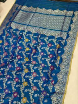 Peacok blue colour Pure Katan Silk Banarasi Handwoven Kadhwa Sarees,