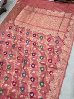 peach colour Pure Katan Silk Banarasi Handloom Handwoven Kadhwa Sarees