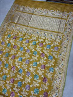 Home Yellow Gold Pure Katan Silk Banarasi Handloom Handwoven Kadhwa Jangla Sarees