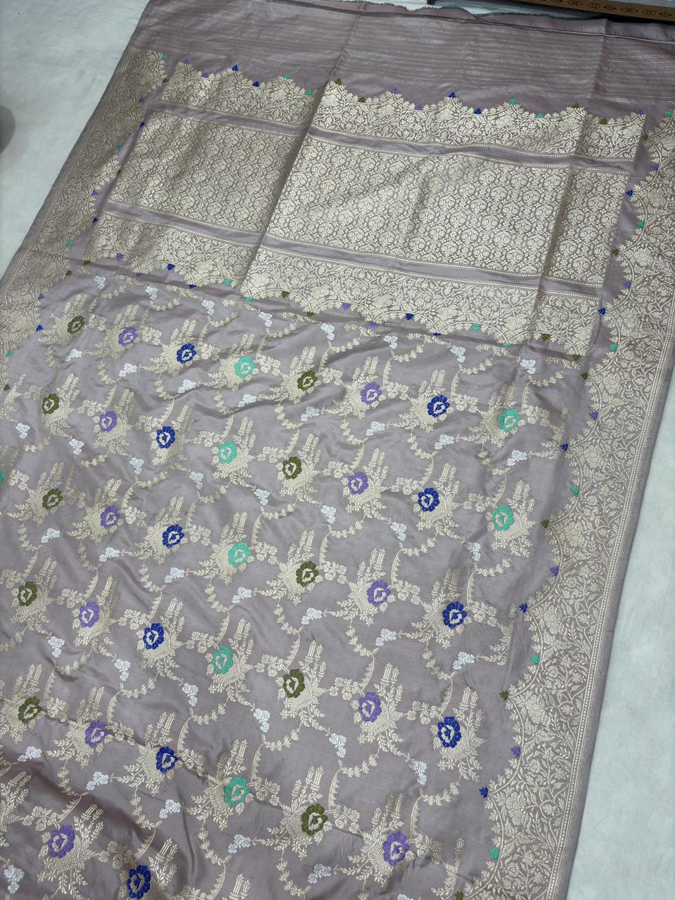 Pastel Shade Pure Katan Silk Banarasi Handloom Handwoven Kadhwa Jangla Sarees