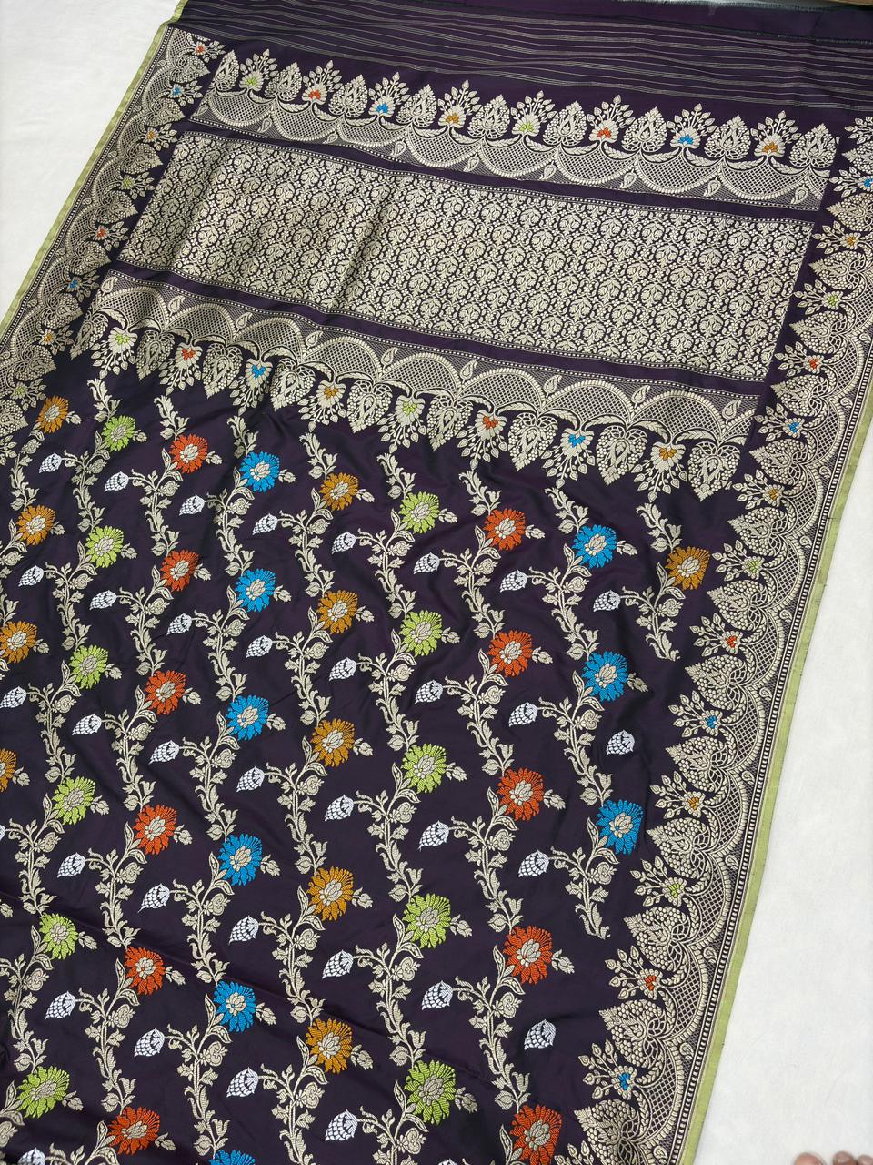 Brown Pure Katan Silk Banarasi Handloom Handwoven Kadhwa Jangla Sarees