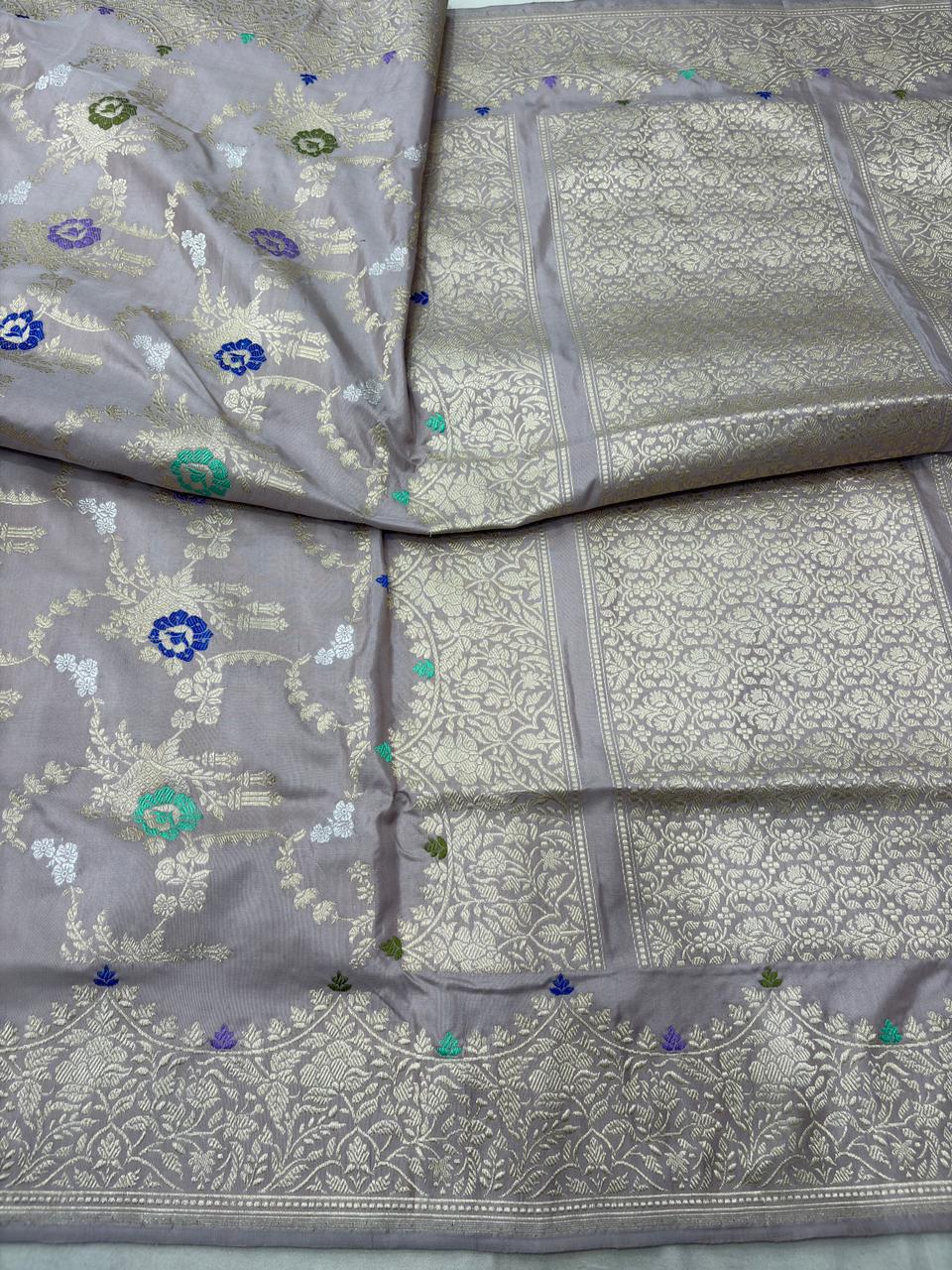 Pastel Shade Pure Katan Silk Banarasi Handloom Handwoven Kadhwa Jangla Sarees - Image 2