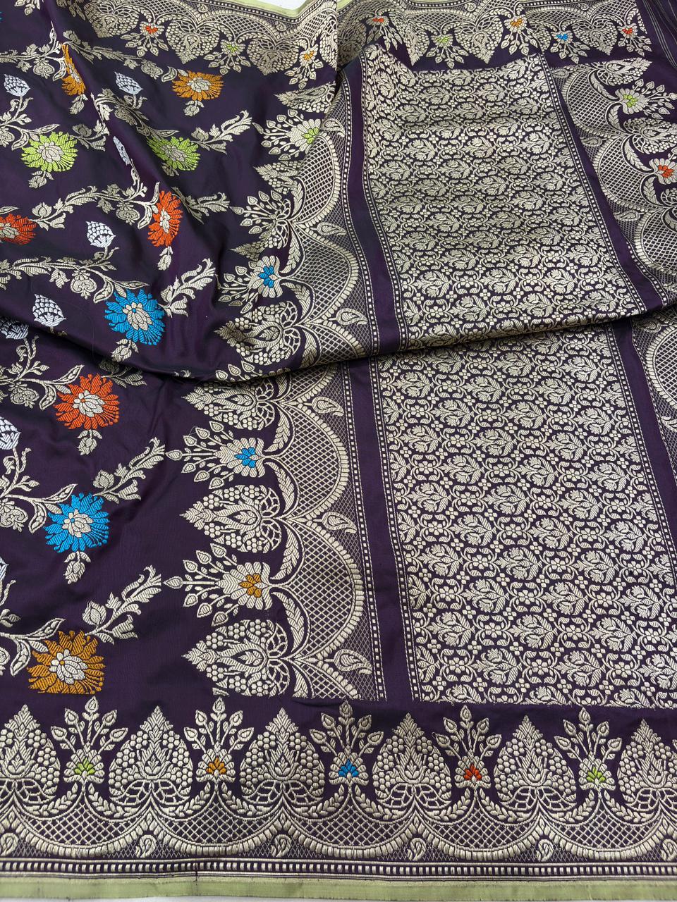 Brown Pure Katan Silk Banarasi Handloom Handwoven Kadhwa Jangla Sarees - Image 2