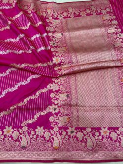 Home Rani Pink Pure Katan Silk Banarasi Handloom Handwoven Kadhwa Jangla Sarees