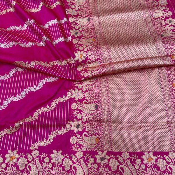Rani Pink Pure Katan Silk Banarasi Handloom Handwoven Kadhwa Jangla Sarees