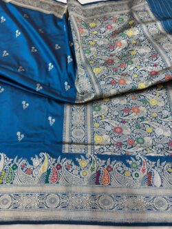 German Blue Pure Katan Silk Banarasi Handloom Handwoven Kadhwa Sarees