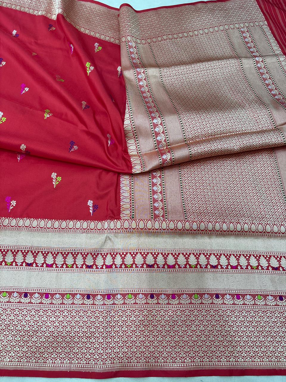 Red Pure Katan Silk Banarasi Handloom Handwoven Kadhwa Sarees
