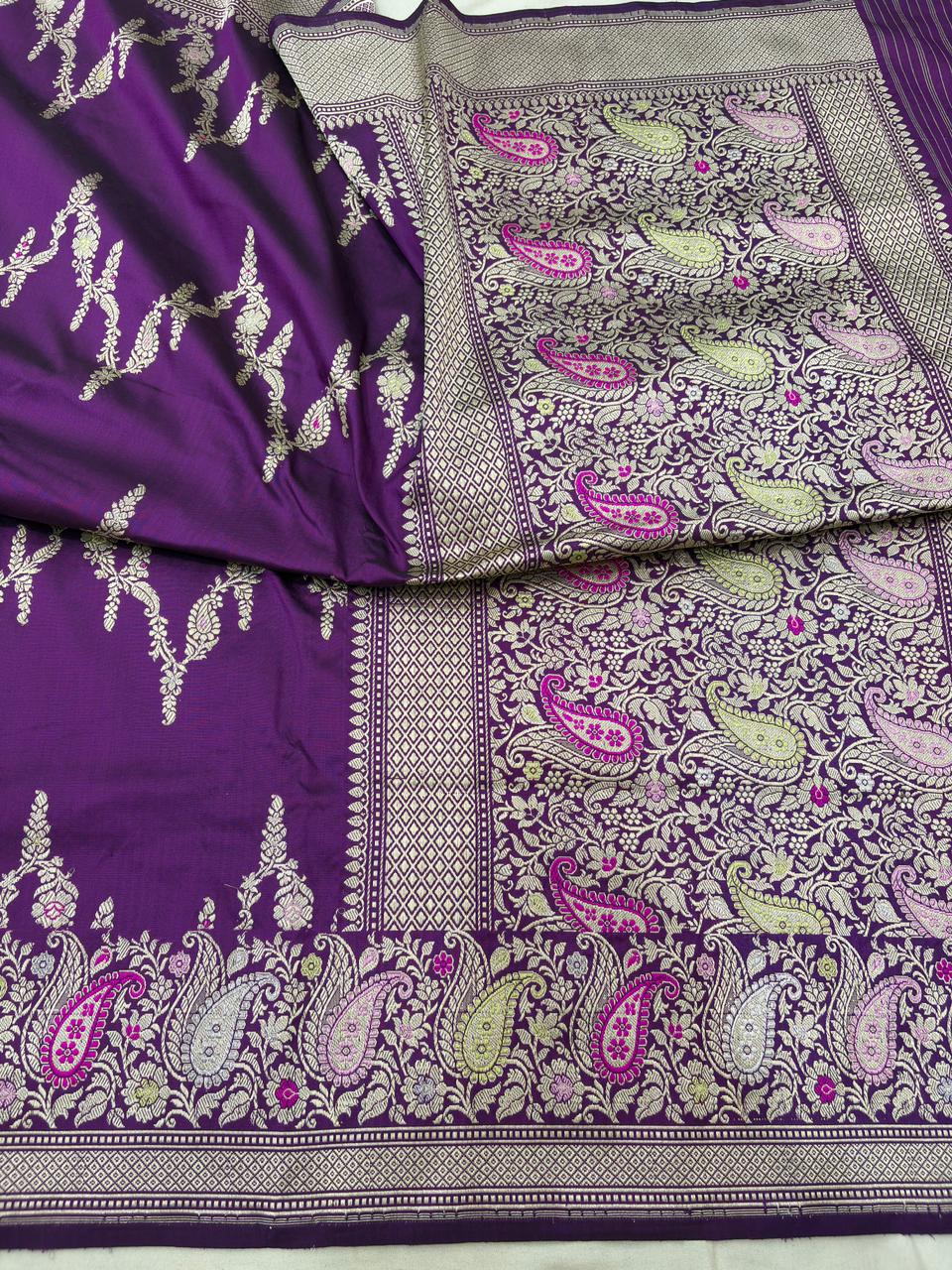 Purple Pure Katan Silk Banarasi Handloom Handwoven Kadhwa Jangla Sarees