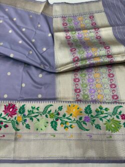 Stunnig Gray Pure Katan Silk Banarasi Handloom Handwoven Kadhwa pathani Sarees